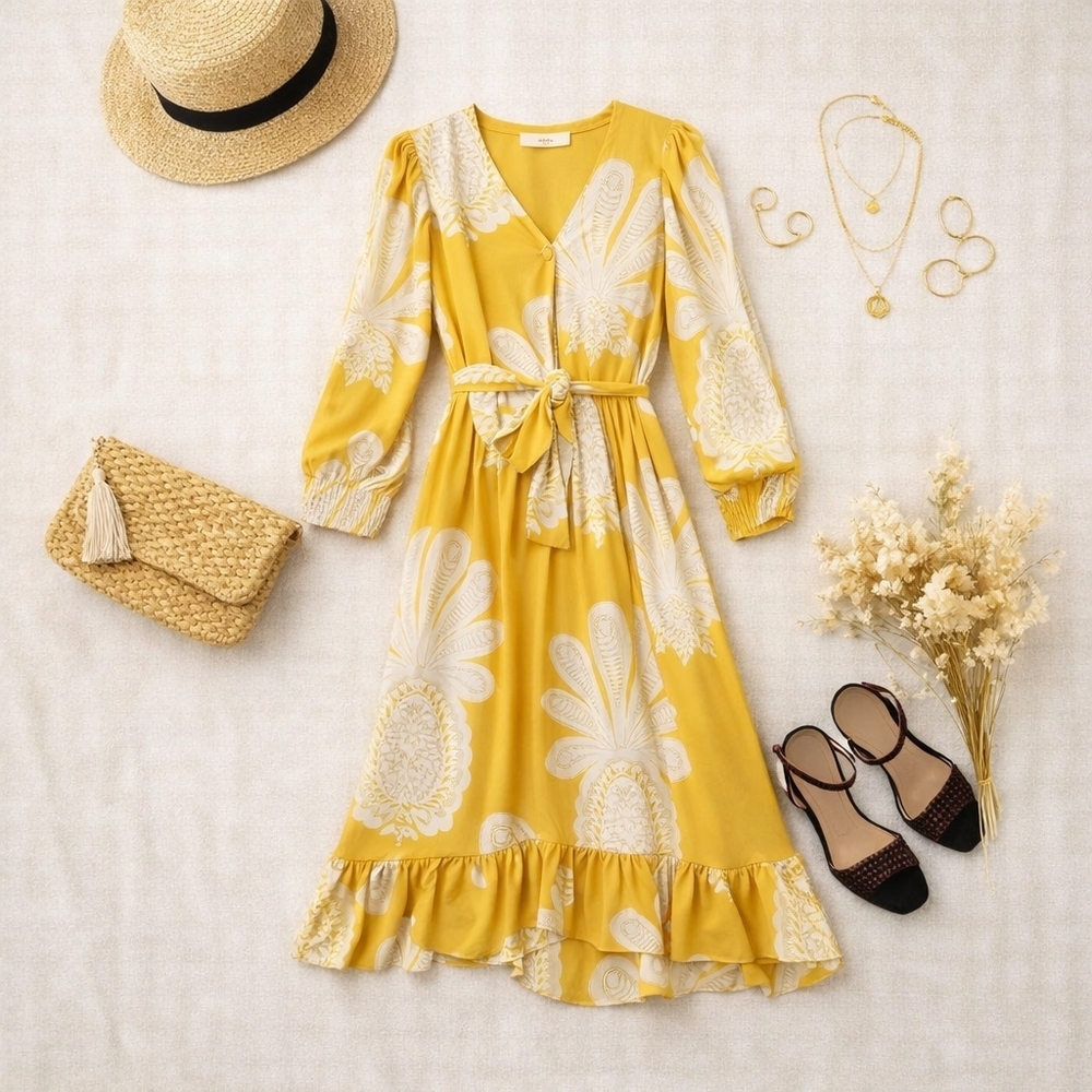 Moonsea Yellow/white Short Sleeve Maxi Poly Dress. 1/4button. Ladies Size Small